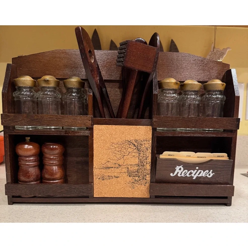 Vintage Wooden Spice Rack Spice Bottles, Salt Pepper Mill, Recipe Box, Utensils
